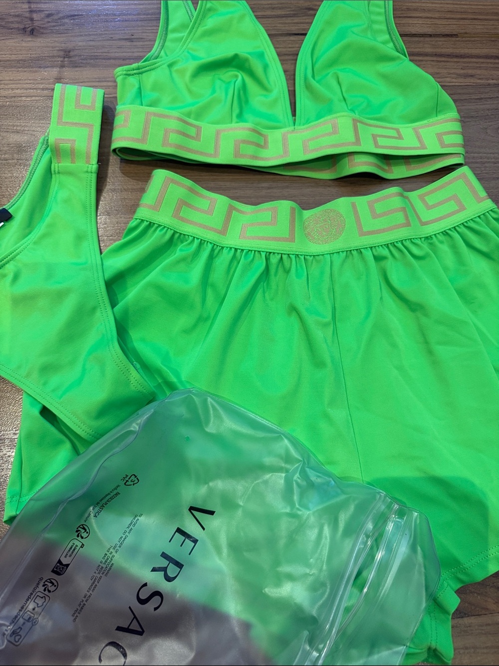 Versace Neon Green Logo-Trim Sports Bra, Bikini & Shorts Set